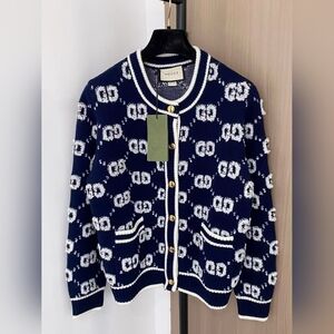 GUCCI Navy Blue GG Jacquard Wool-Blend Cardigan